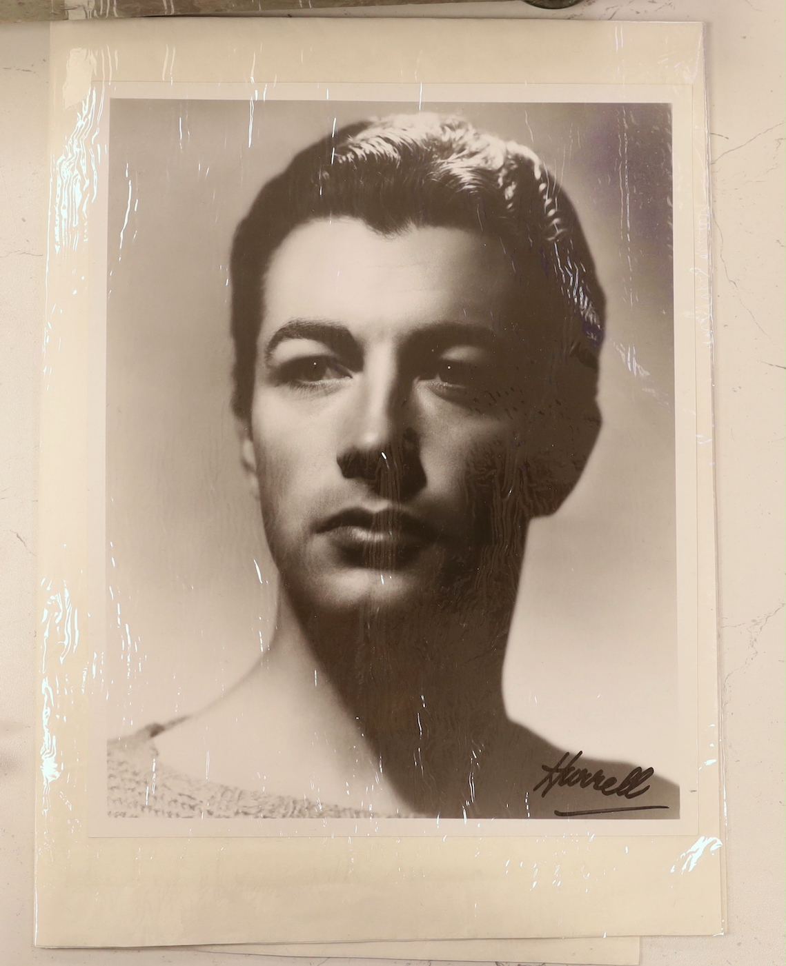 A black and white Photograph of the actor Robert Taylor, signed Hurrell, 20.5cm wide, 25cm high